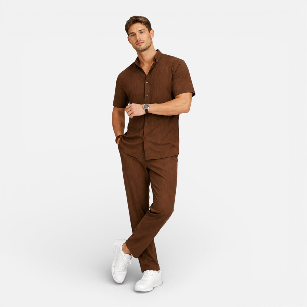 Matching Set Men Ribbed Short Sleeve Shirt Drawstring Trousers – Narvel