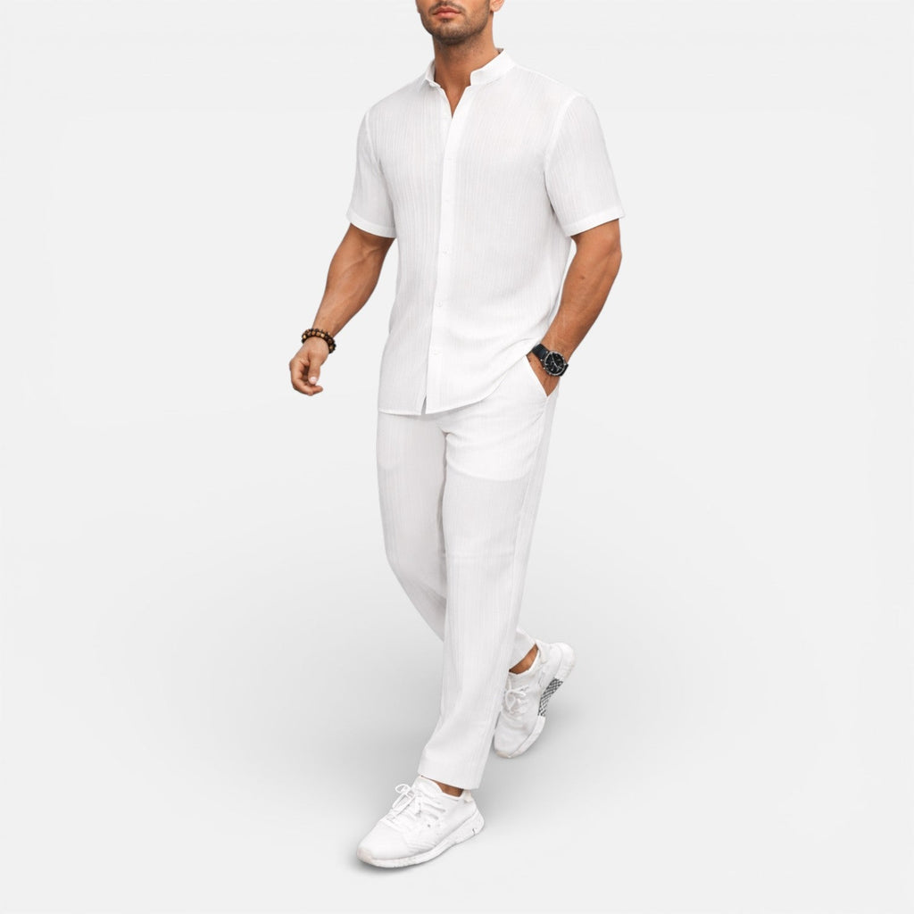 Matching Set Men Ribbed Short Sleeve Shirt Drawstring Trousers – Narvel