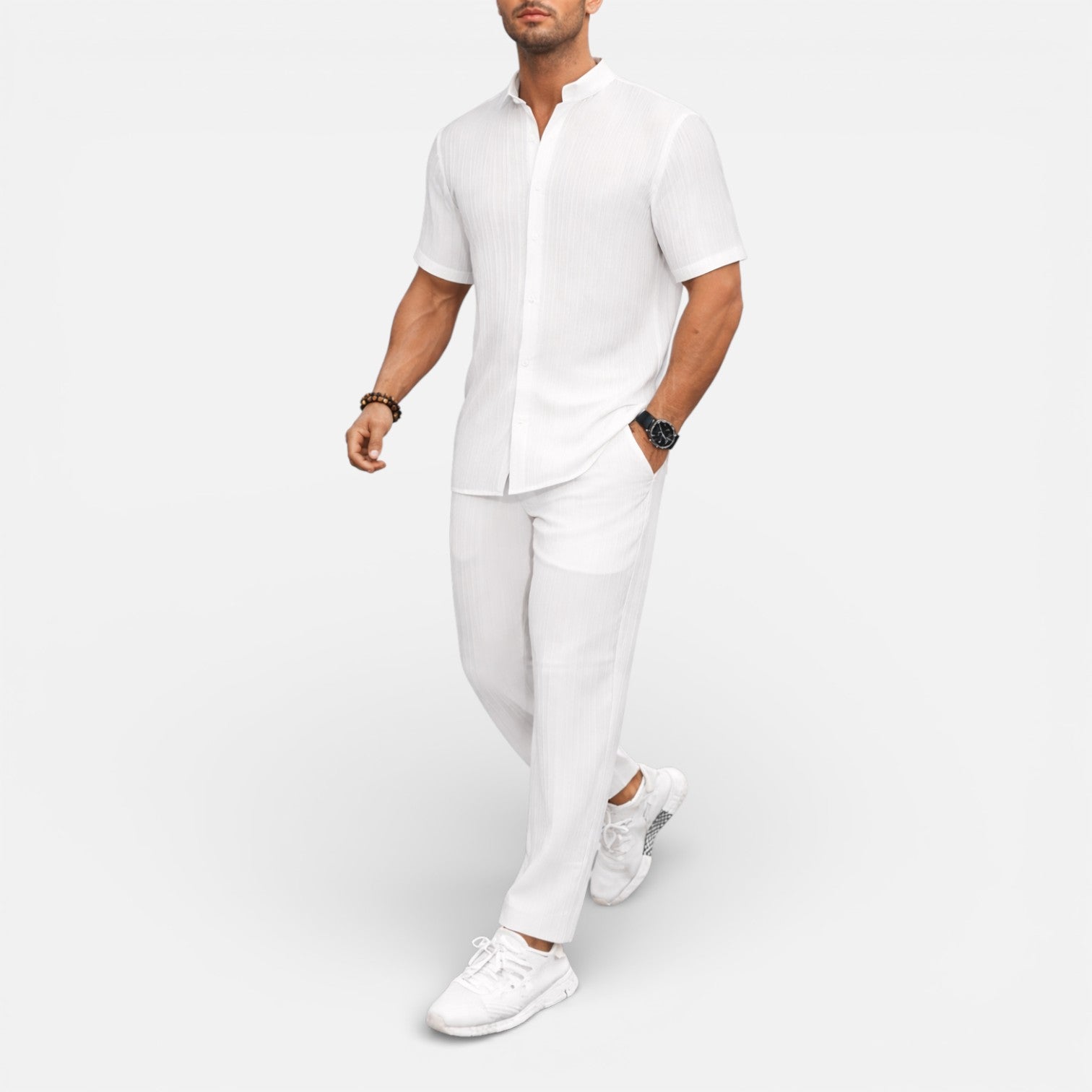 Matching Set Men Ribbed Short Sleeve Shirt Drawstring Trousers – Narvel