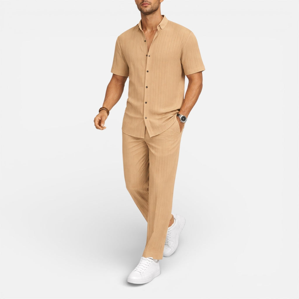 Matching Set Men Ribbed Short Sleeve Shirt Drawstring Trousers – Narvel