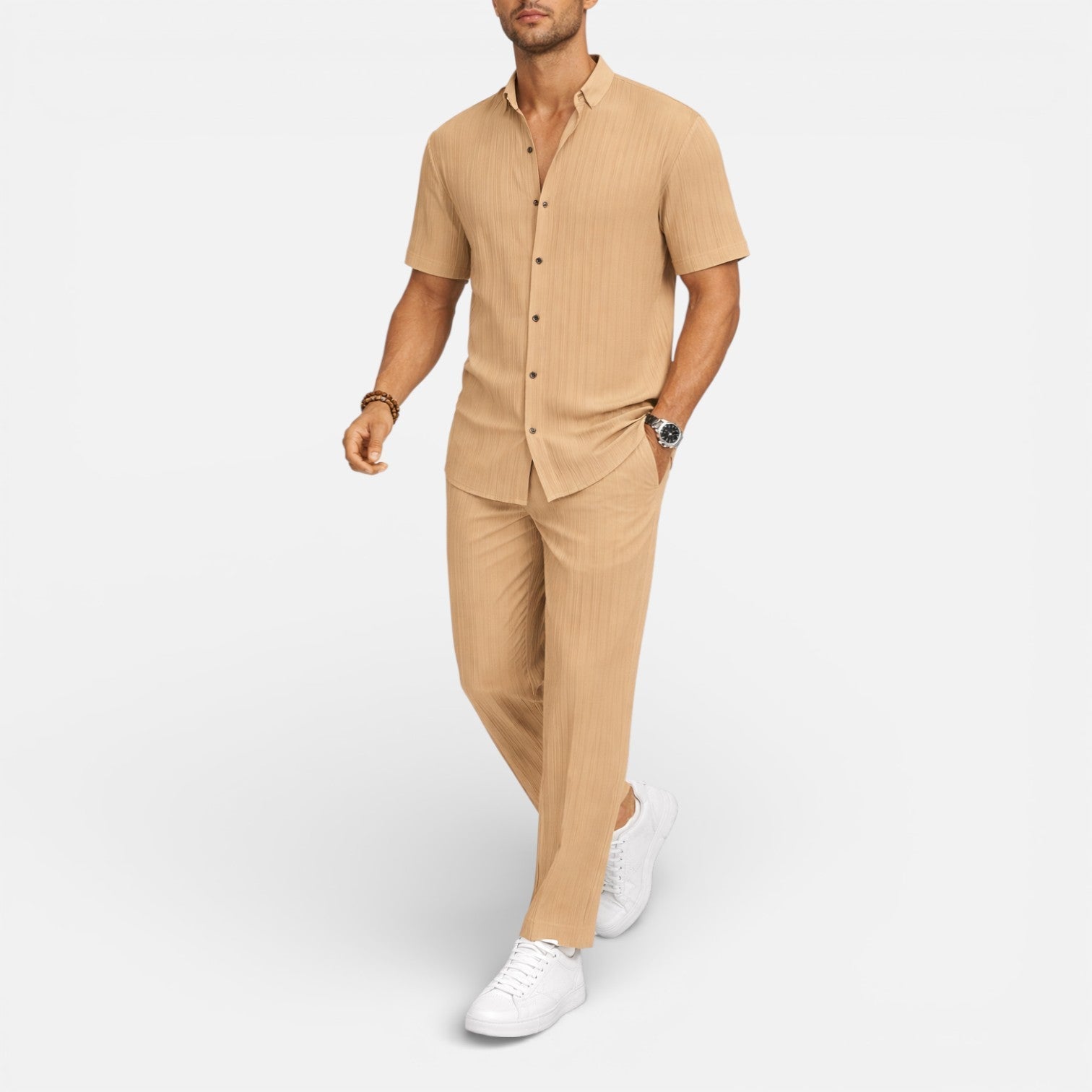 Matching Set Men Ribbed Short Sleeve Shirt Drawstring Trousers – Narvel