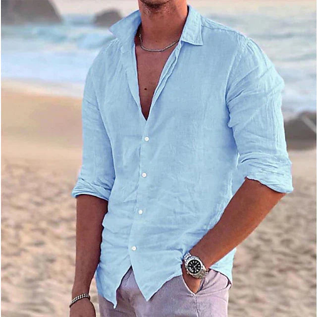 Classic Linen Button-Up Short Sleeve Shirt in White – Cove