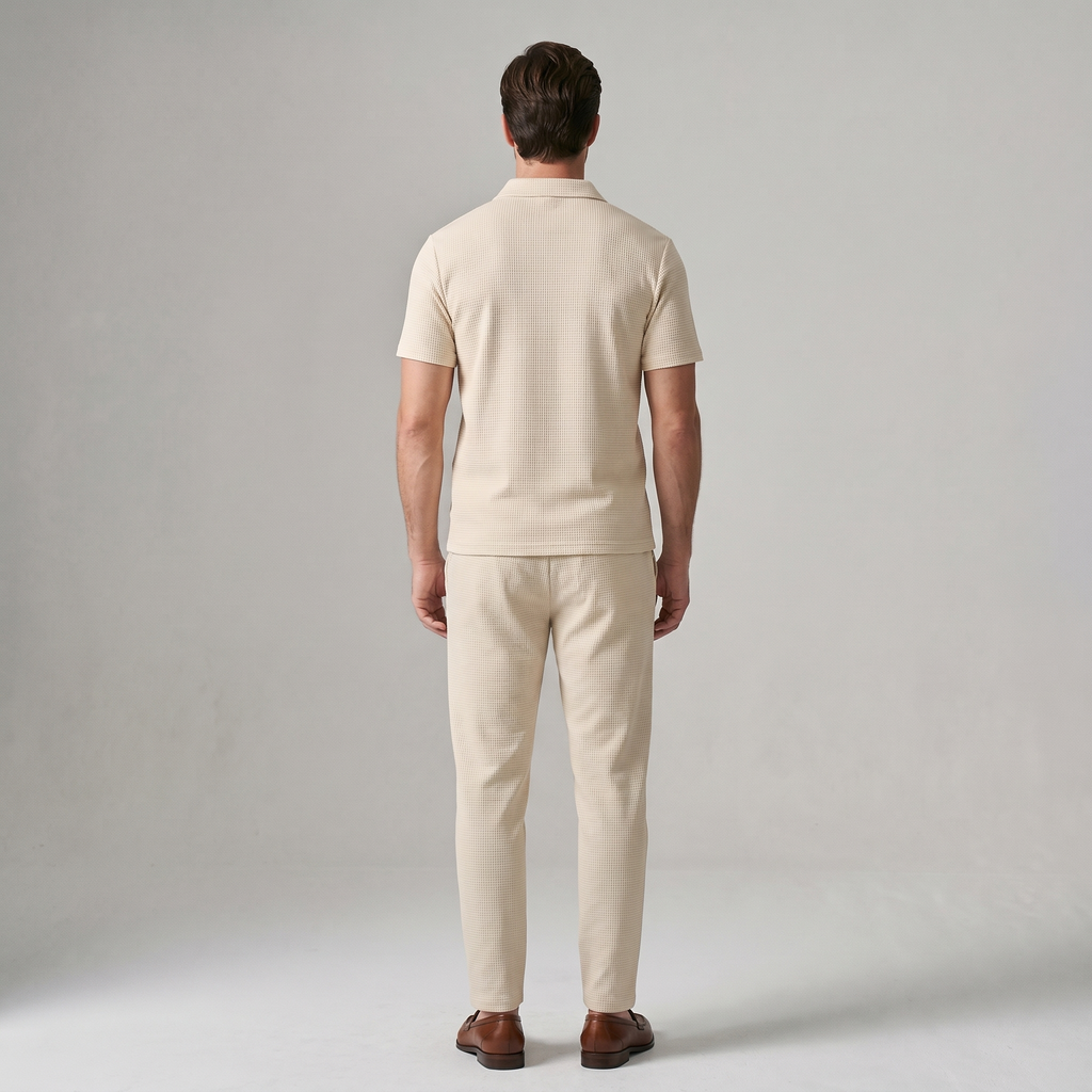 Model wearing waffle knit zip polo and trouser set in Beige – TARLANO