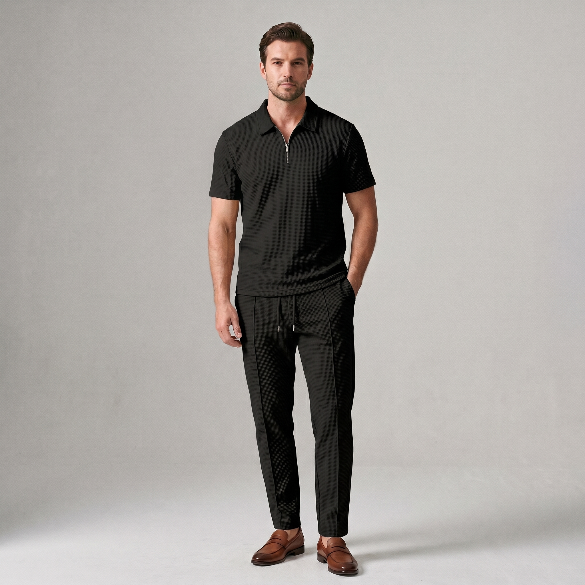 Waffle Knit Zip Polo & Tapered Trouser Matching Set in Beige – Cruz