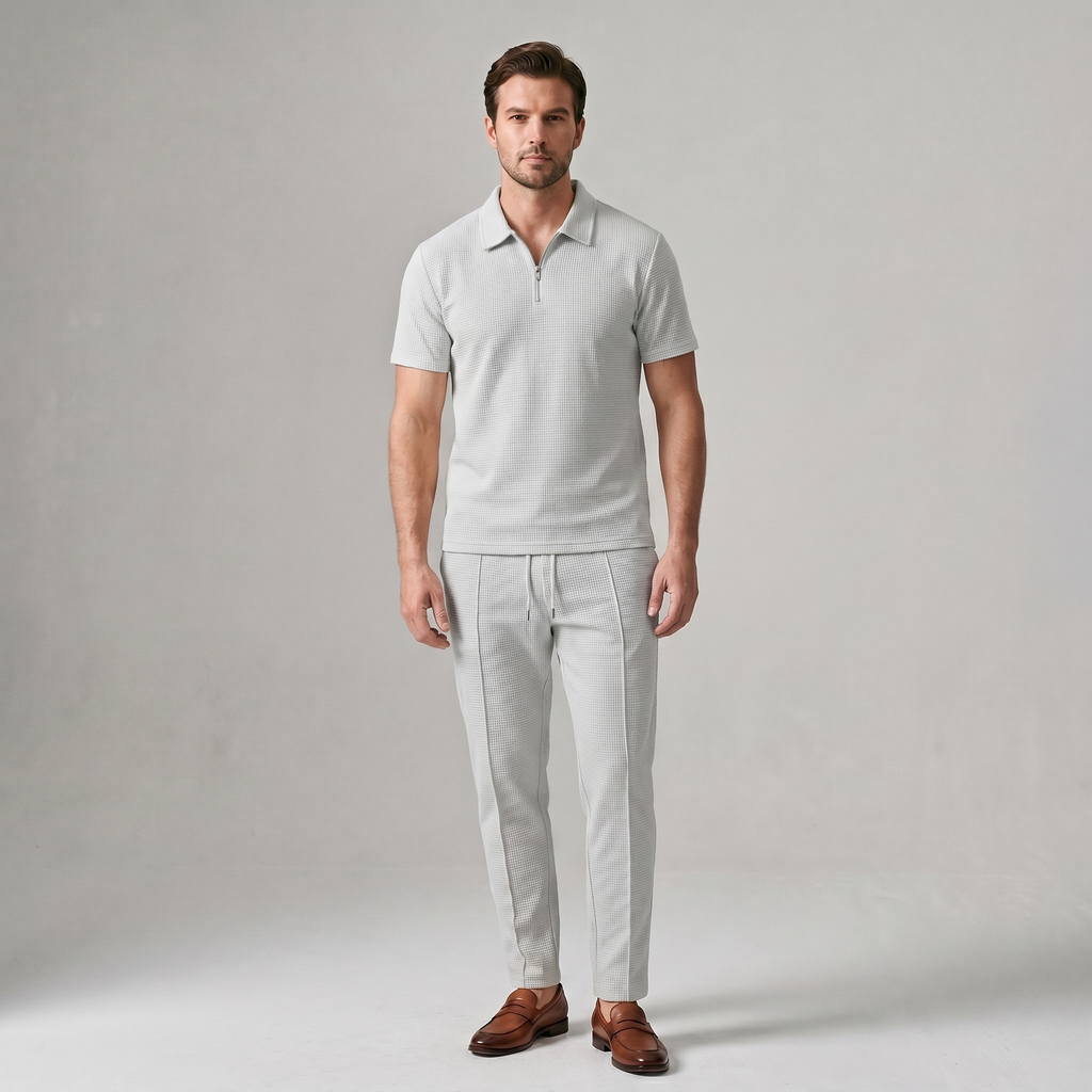 Waffle Knit Zip Polo & Tapered Trouser Matching Set in Beige – Cruz