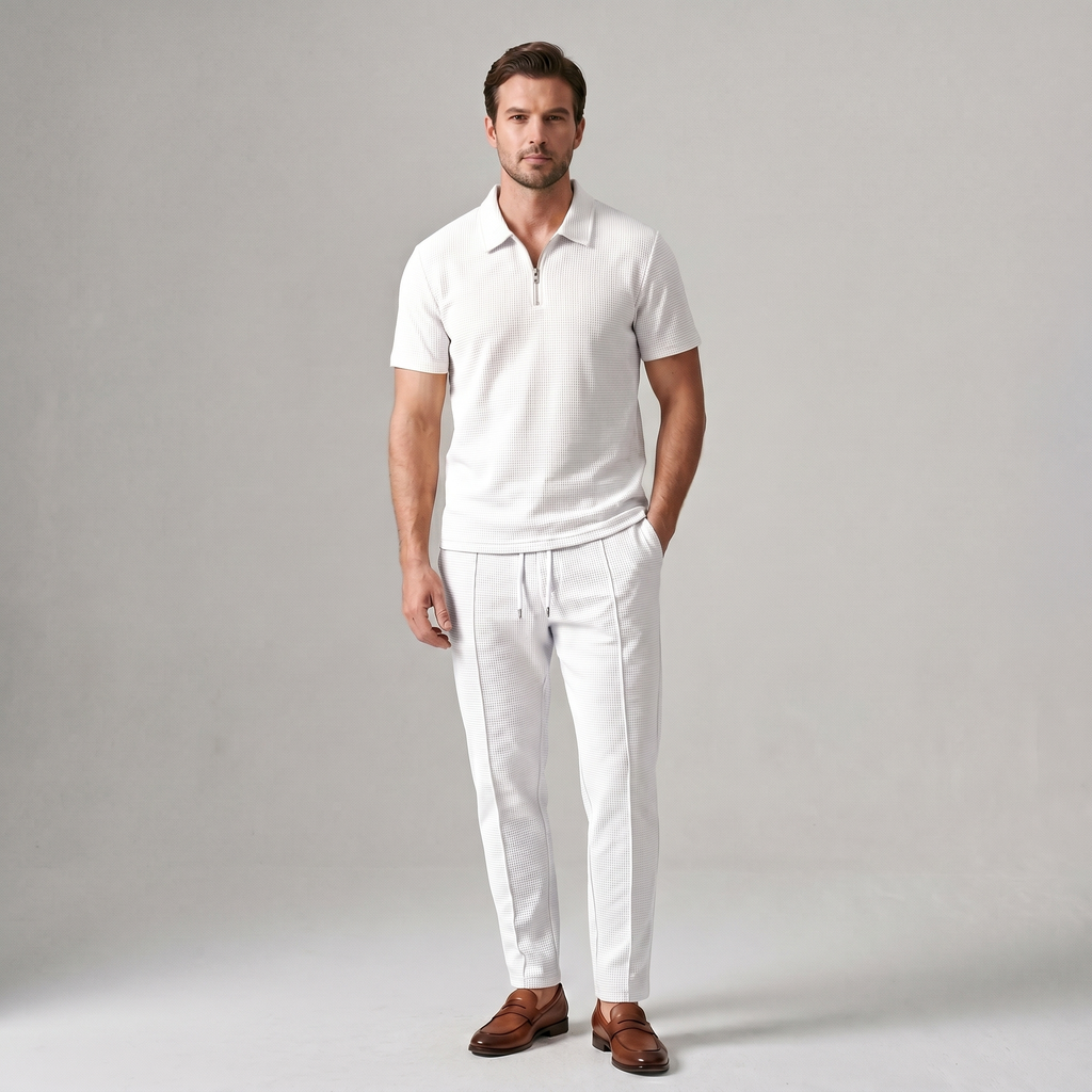 Waffle Knit Zip Polo & Tapered Trouser Matching Set in Beige – Cruz