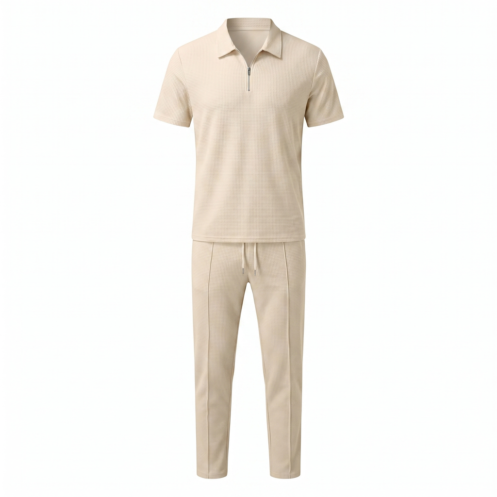 Waffle Knit Zip Polo & Tapered Trouser Matching Set in Beige – Cruz