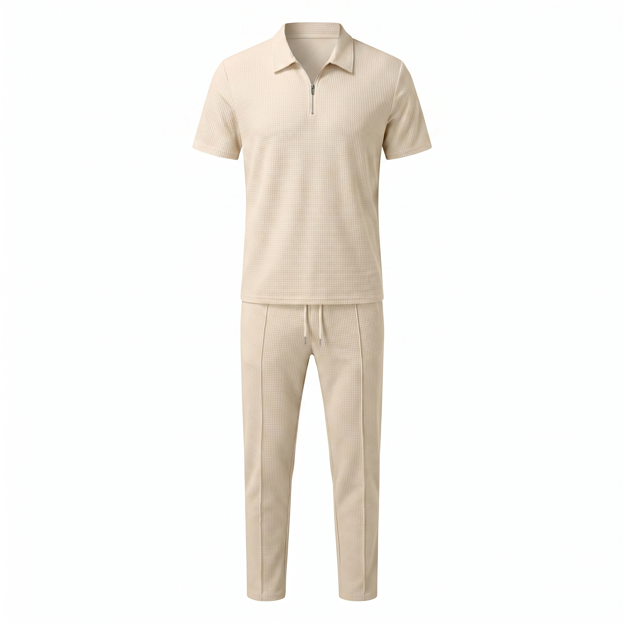 Waffle Knit Zip Polo & Tapered Trouser Matching Set in Beige – Cruz