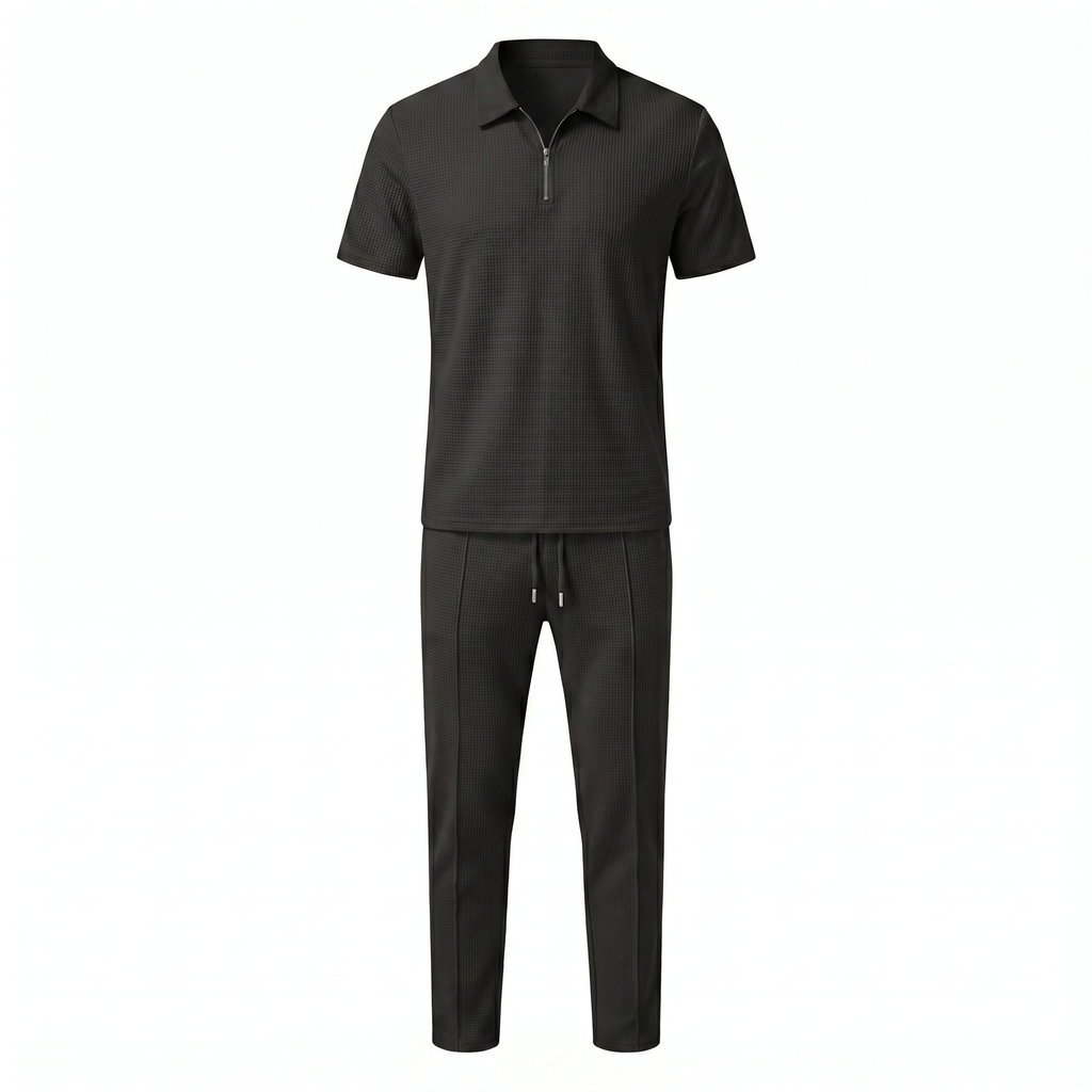 Waffle Knit Zip Polo & Tapered Trouser Matching Set in Beige – Cruz