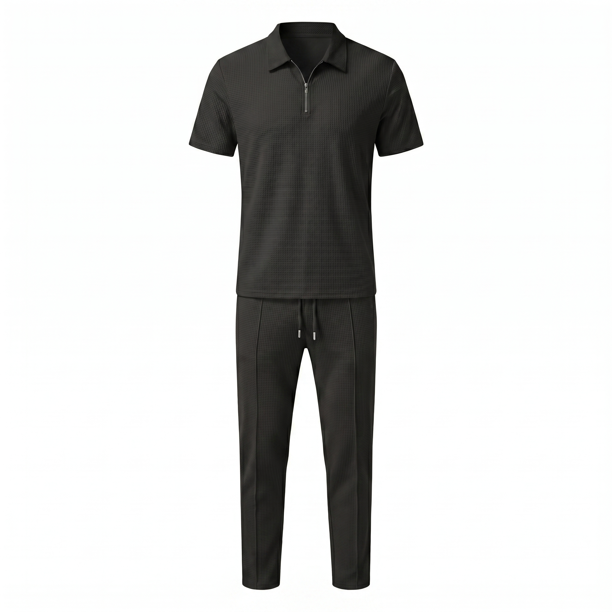 Waffle Knit Zip Polo & Tapered Trouser Matching Set in Beige – Cruz