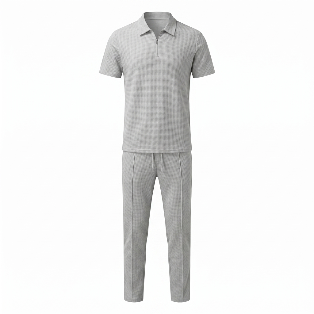 Waffle Knit Zip Polo & Tapered Trouser Matching Set in Beige – Cruz
