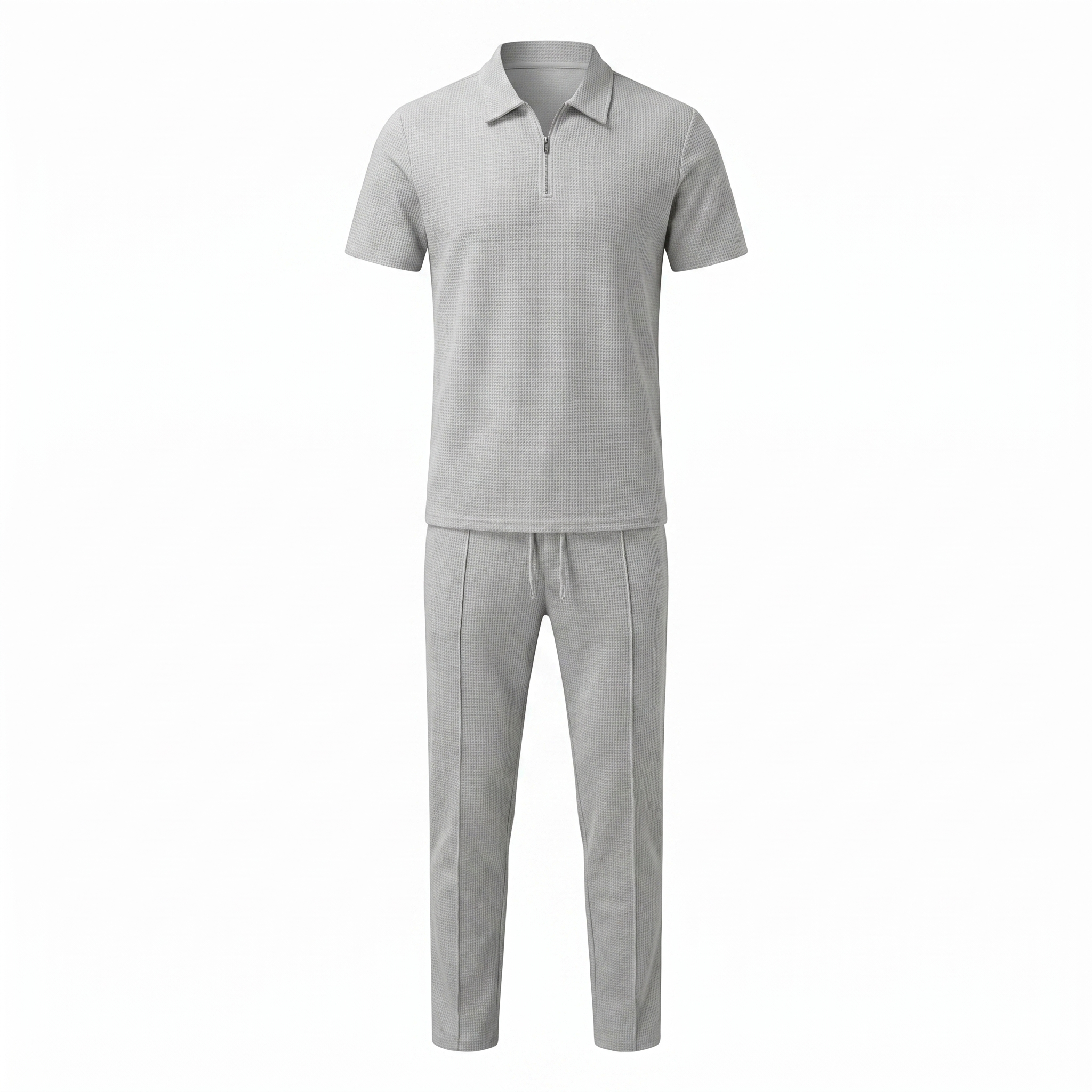 Waffle Knit Zip Polo & Tapered Trouser Matching Set in Beige – Cruz