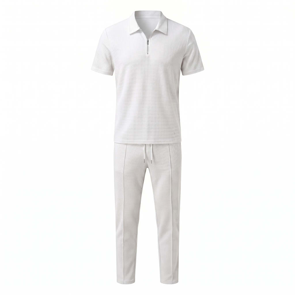 Waffle Knit Zip Polo & Tapered Trouser Matching Set in Beige – Cruz