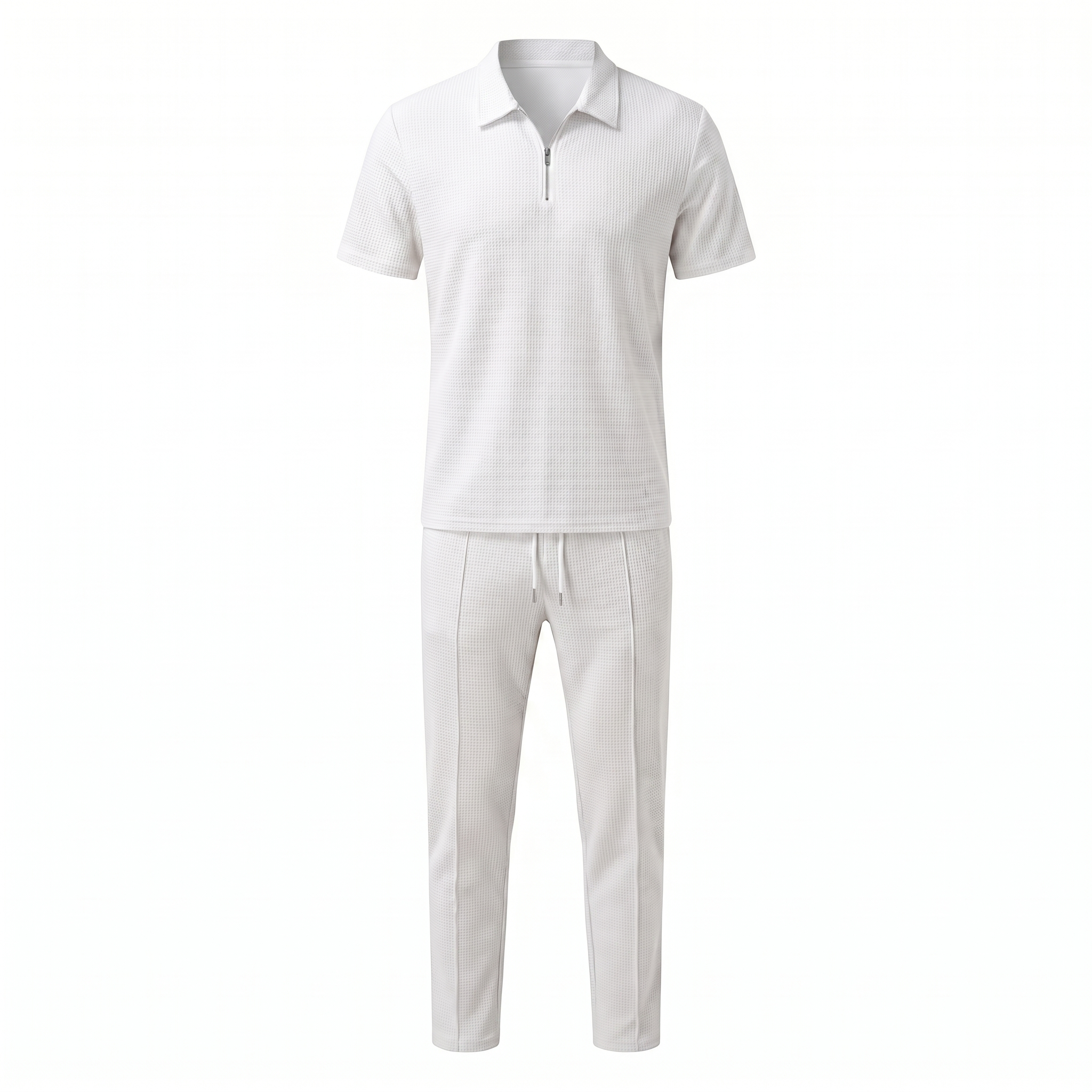 Waffle Knit Zip Polo & Tapered Trouser Matching Set in Beige – Cruz