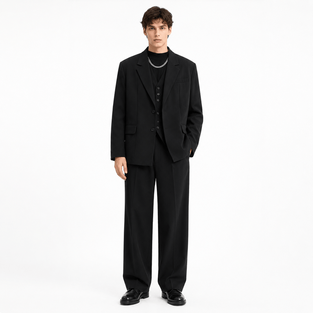 Model wearing three-piece notch lapel suit with vest in black – TARLANO
