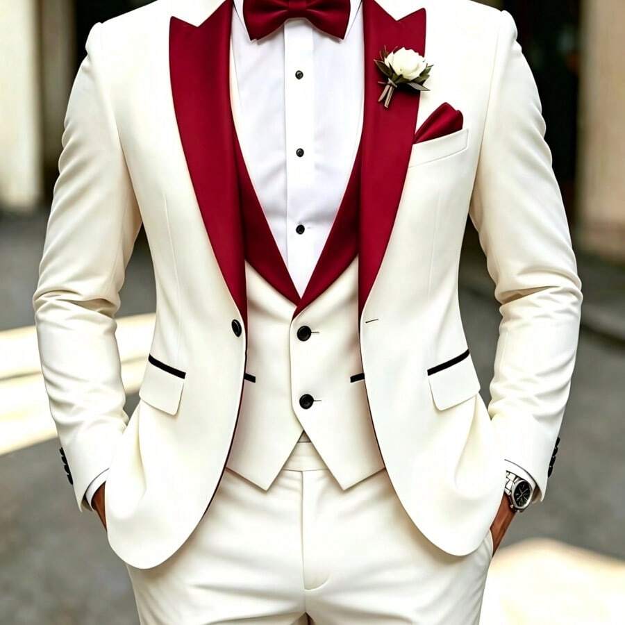 Model wearing 3-piece tuxedo blazer vest and pants in navy – TARLANO