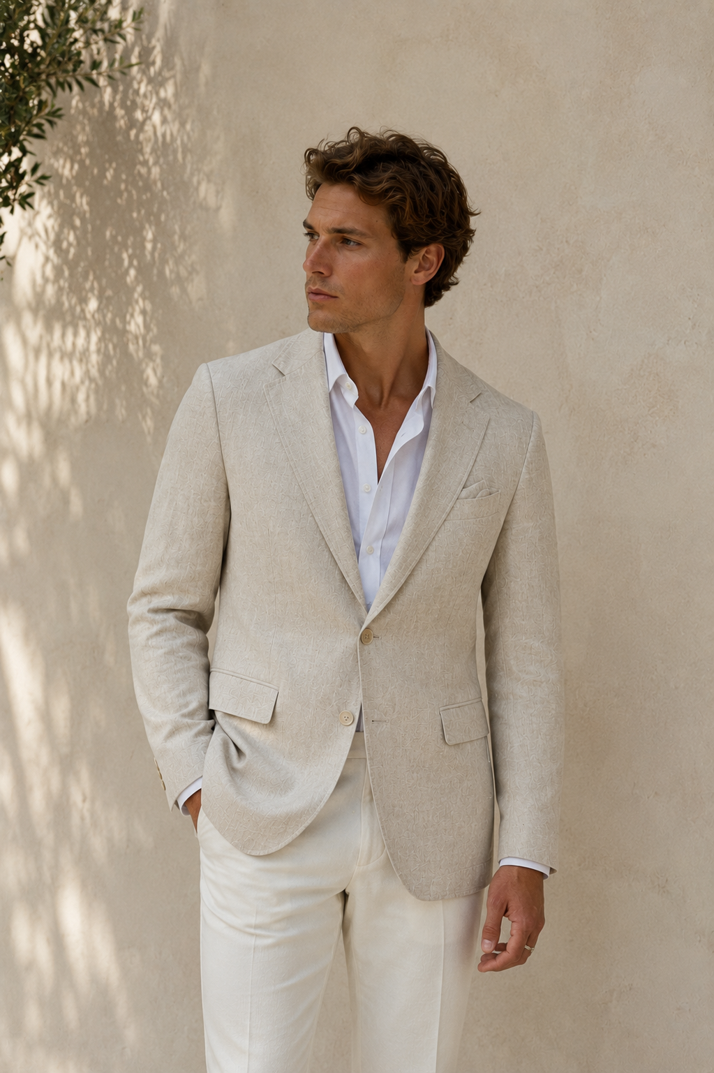 Linen-blend lapel blazer in beige – TARLANO