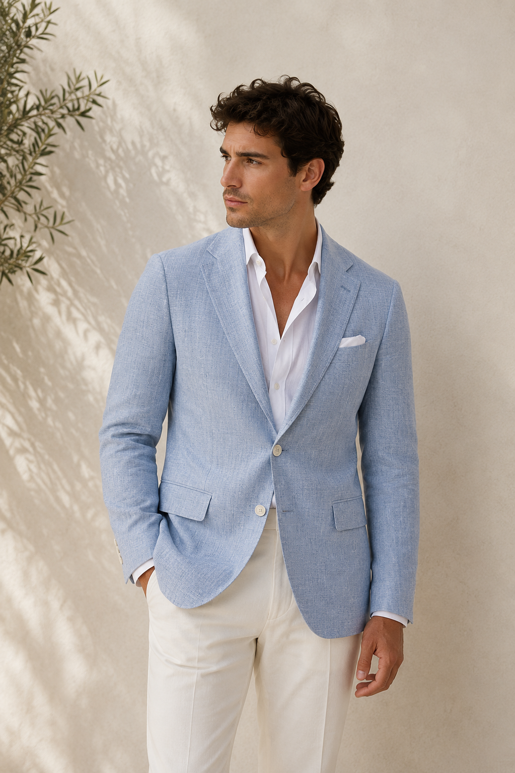 Model wearing linen-blend tailored blazer in beige – TARLANO