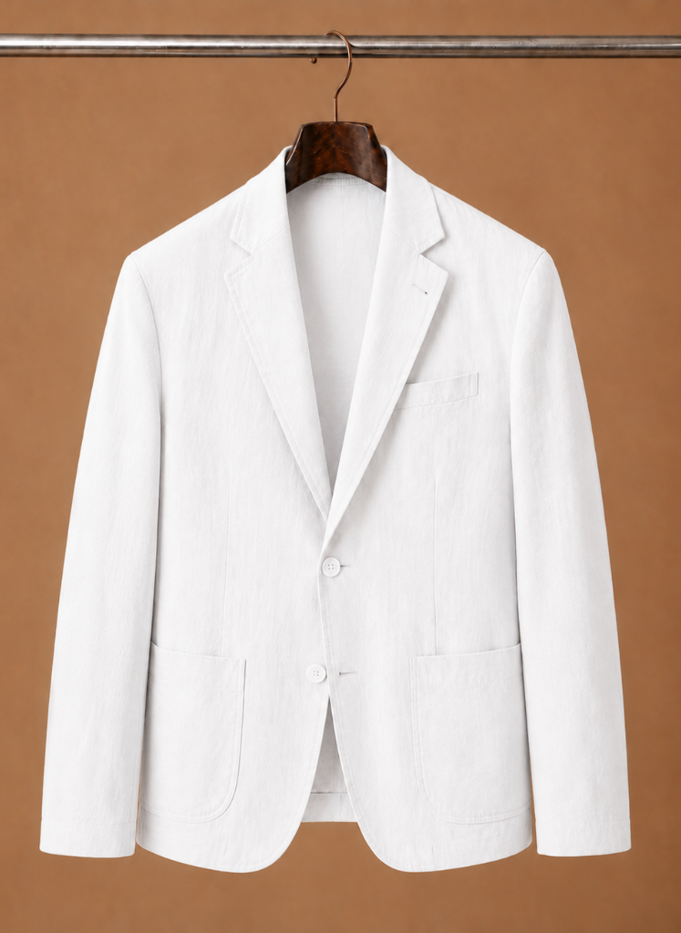 Close detail of linen-blend tailored blazer – TARLANO