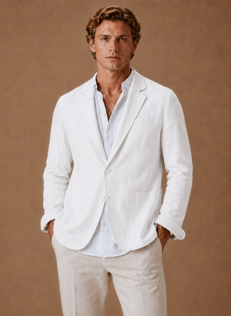 Model wearing lightweight linen-blend tailored blazer – TARLANO