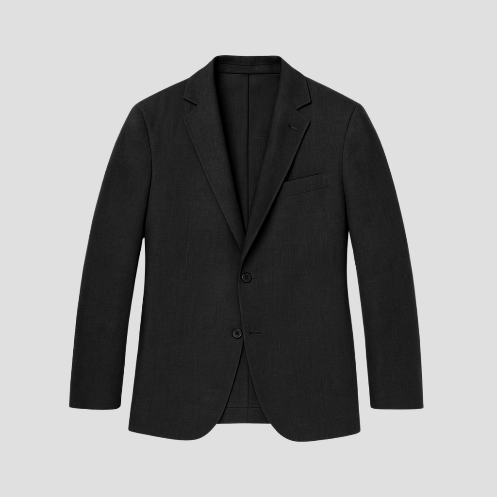 Model wearing linen blazer in black – TARLANO