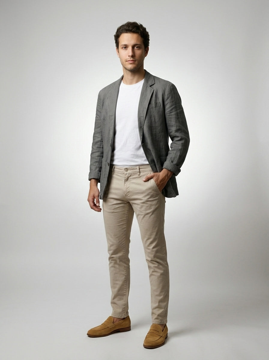 Model wearing linen two-button blazer in gray – TARLANO