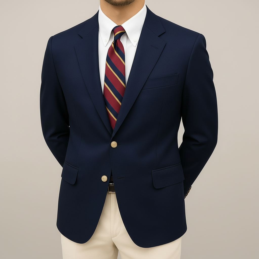 Dark blue notch lapel blazer with gold buttons – TARLANO