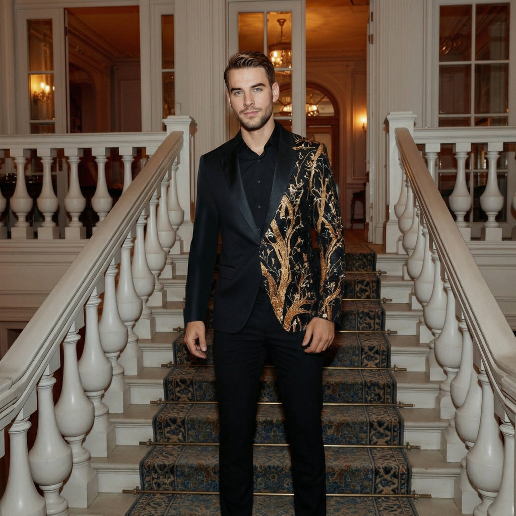 Model wearing slim fit black sequin blazer – TARLANO