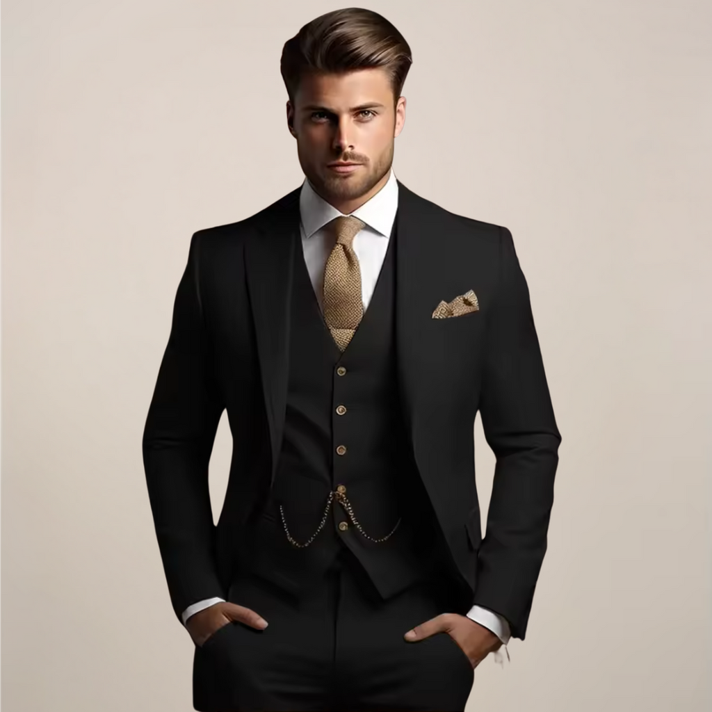 Three-piece slim fit suit jacket and waistcoat flat lay in black – TARLANO