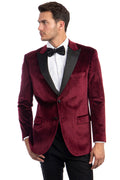 Burgundy velvet tuxedo jacket with black satin peak lapel – TARLANO