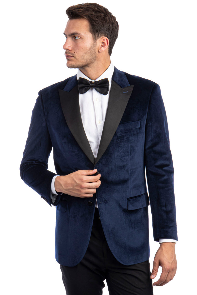 Navy velvet peak lapel tuxedo blazer front detail – TARLANO
