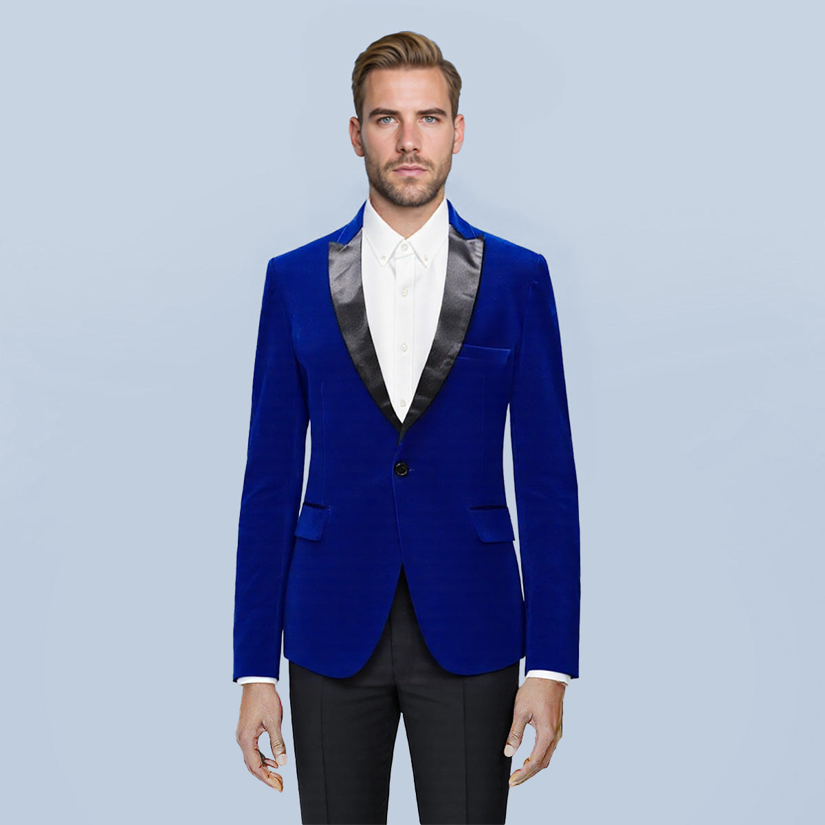 Blue velvet slim fit blazer with satin peaked lapel – TARLANO