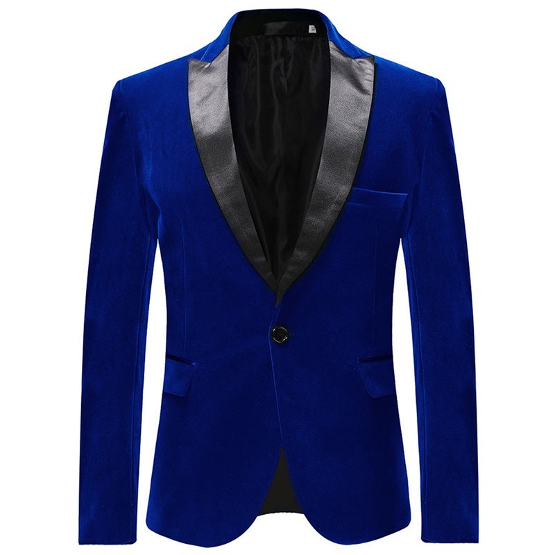 Model wearing blue velvet tuxedo blazer with satin lapel – TARLANO