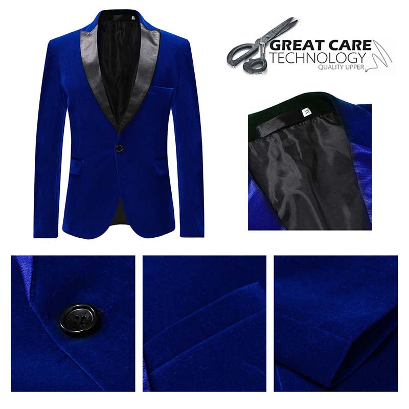 Mens Blazer Velvet Slim Fit Satin Peaked Lapel Blue – Nalvo