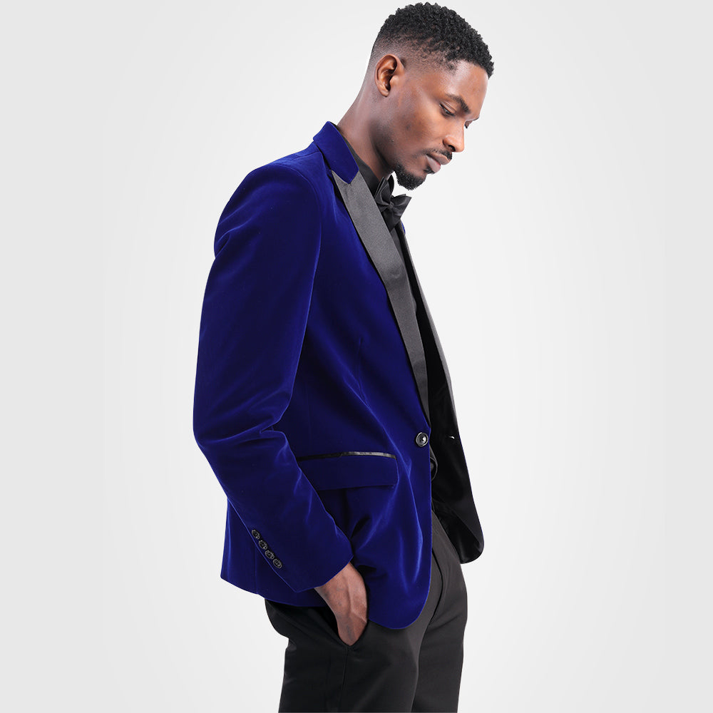 Mens Blazer Velvet Slim Fit Satin Peaked Lapel Blue – Nalvo