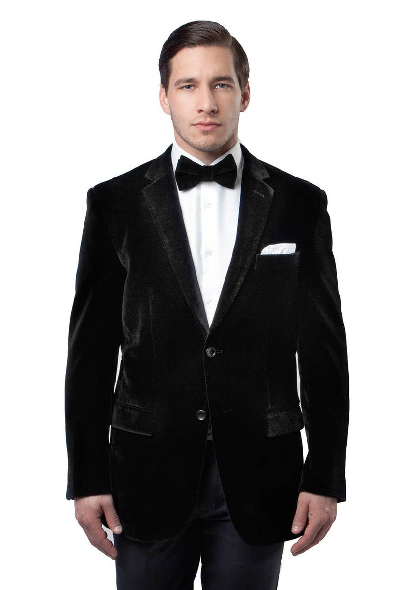 Model wearing velvet notch lapel blazer in red – TARLANO