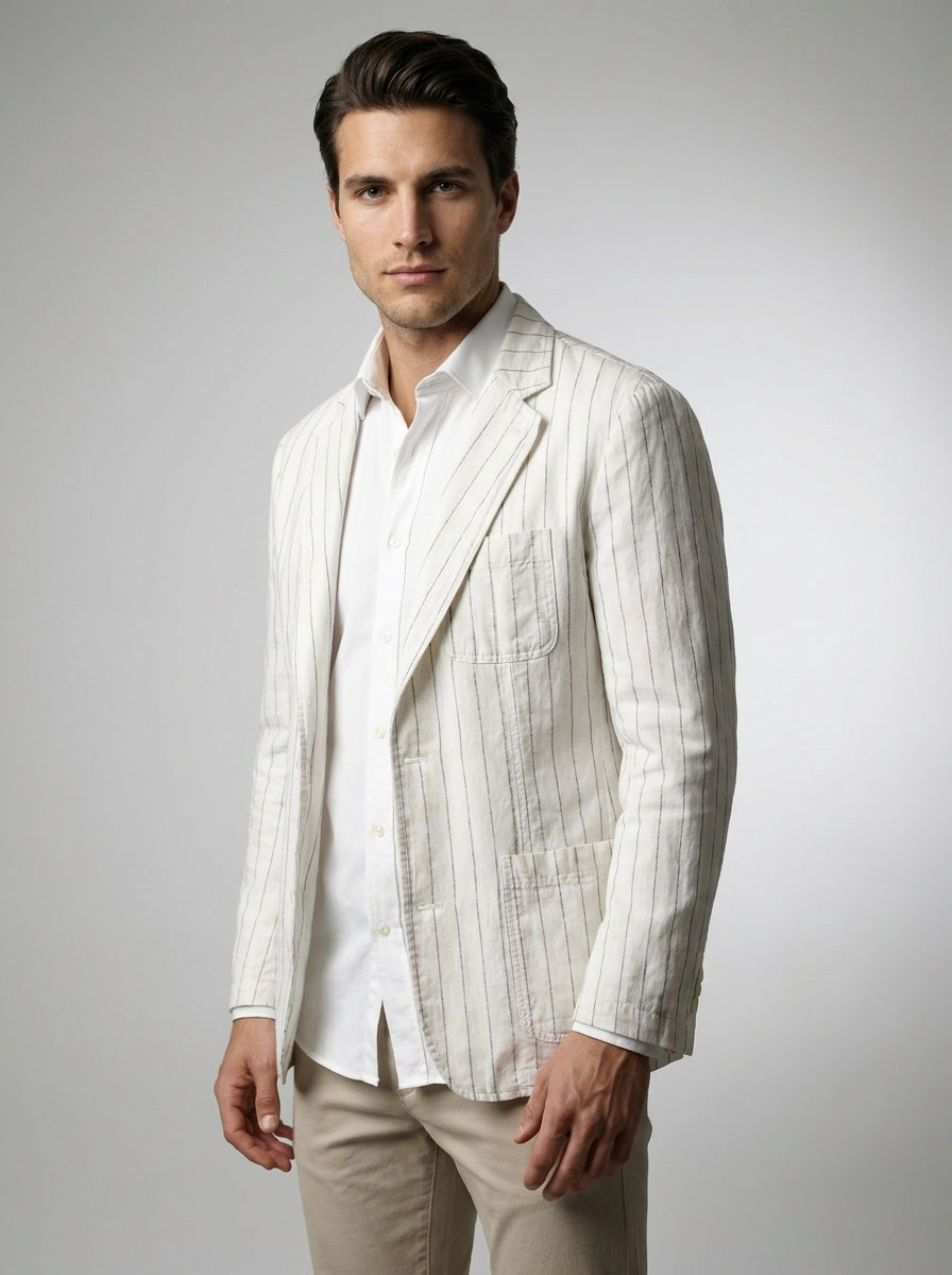 Woven stripe linen blazer in white – TARLANO
