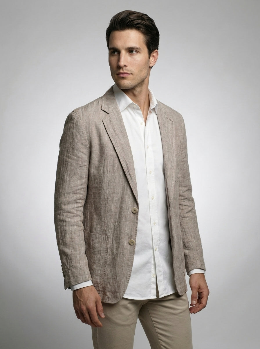 Mens Blazer Woven Stripe Linen Notch Lapel Unstructured – Fenro