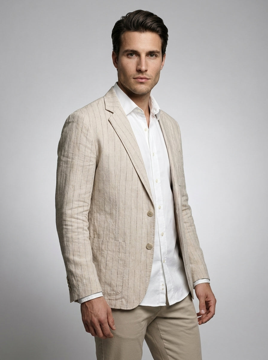 Mens Blazer Woven Stripe Linen Notch Lapel Unstructured – Fenro
