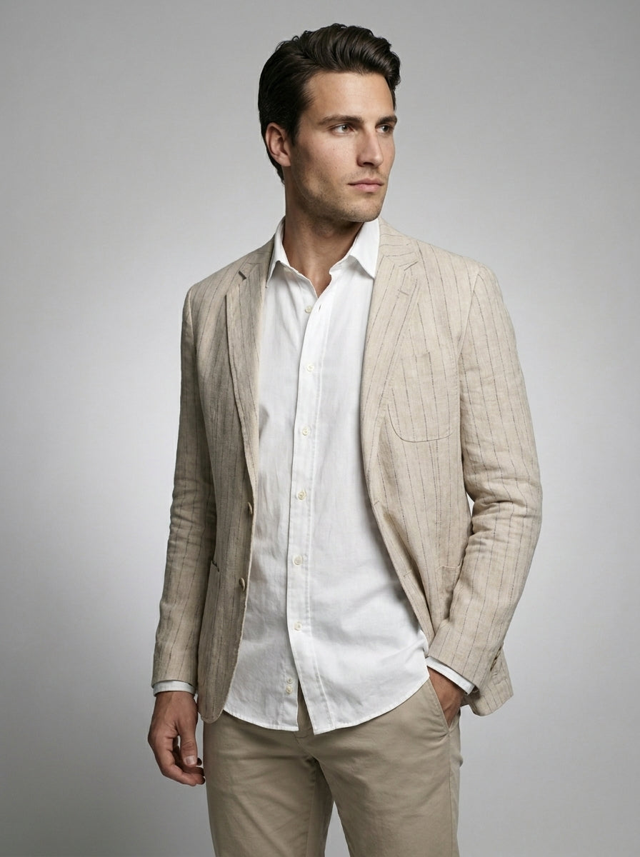 Mens Blazer Woven Stripe Linen Notch Lapel Unstructured – Fenro