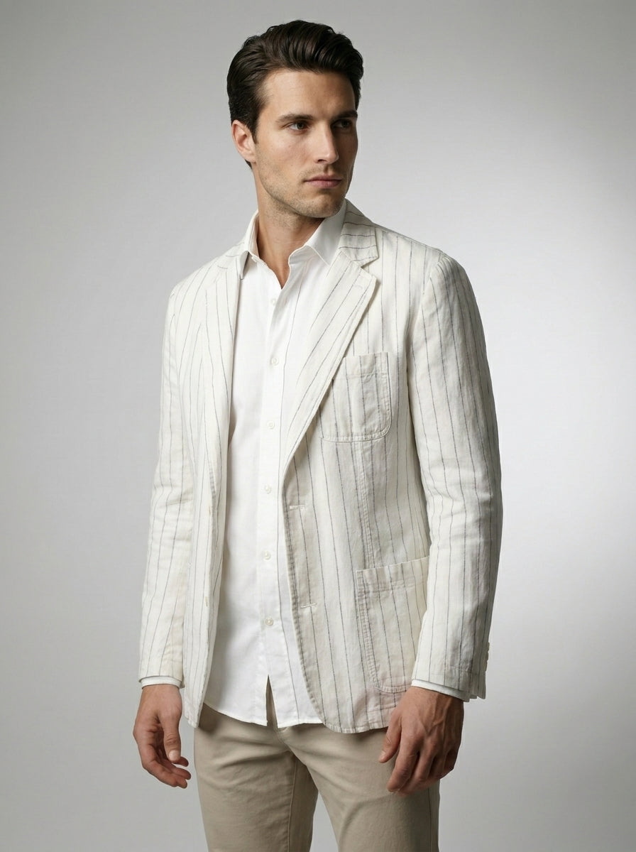 Mens Blazer Woven Stripe Linen Notch Lapel Unstructured – Fenro