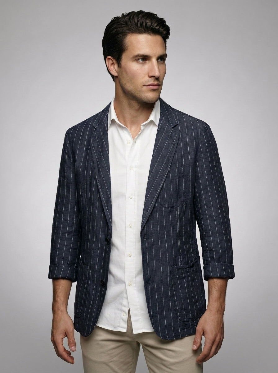 Mens Blazer Woven Stripe Linen Notch Lapel Unstructured – Fenro