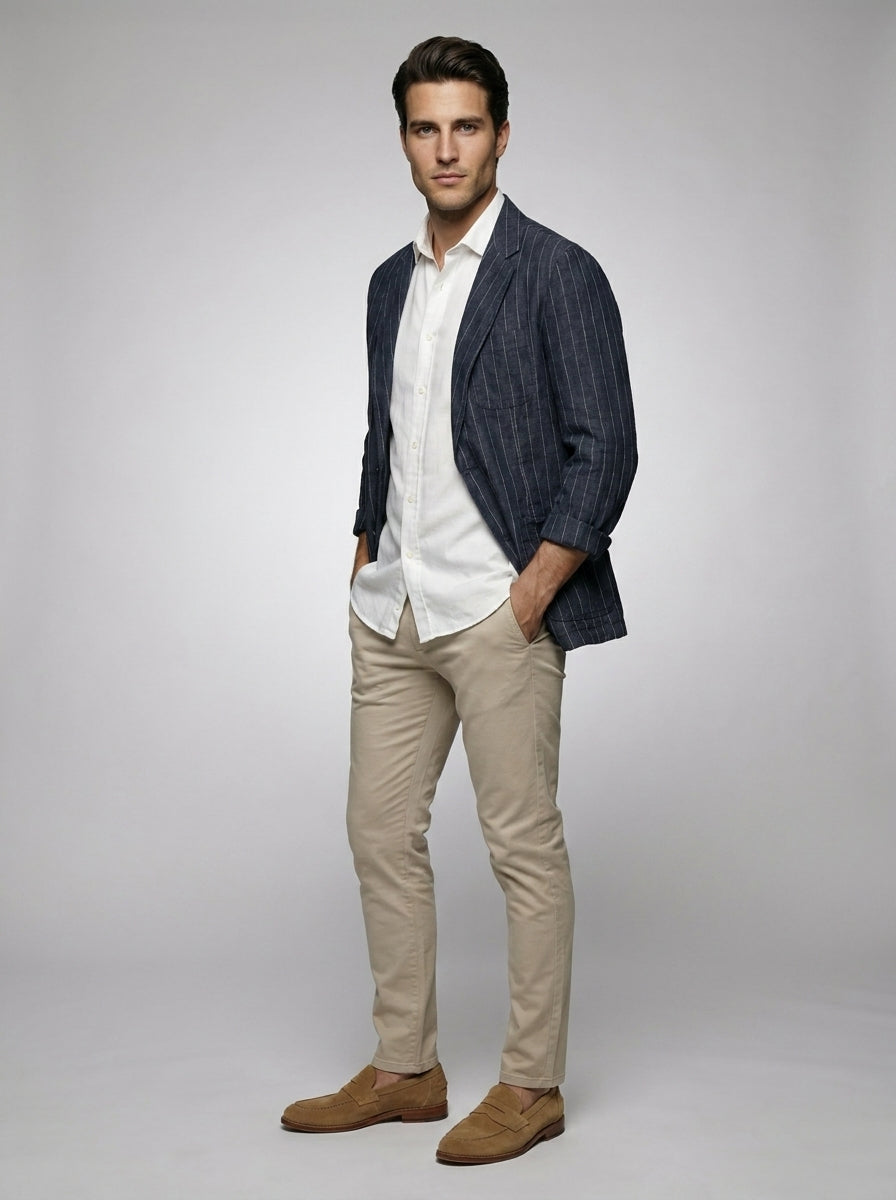 Mens Blazer Woven Stripe Linen Notch Lapel Unstructured – Fenro