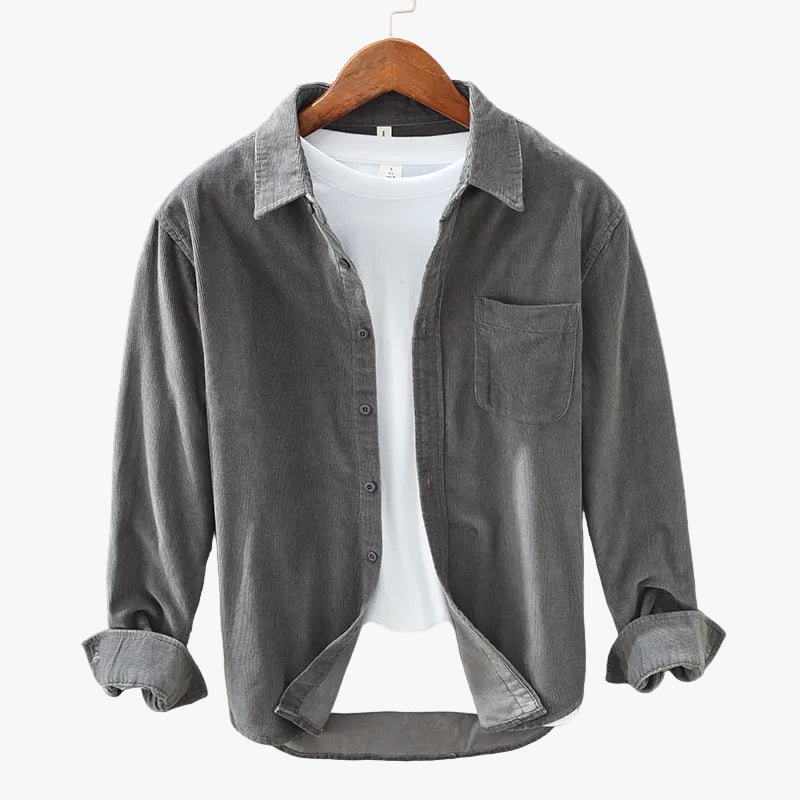 Corduroy-Style Ribbed Button-Front Shirt Long Sleeve Pointed Collar – Ridge