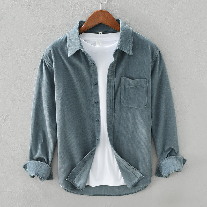 Corduroy-Style Ribbed Button-Front Shirt Long Sleeve Pointed Collar – Ridge