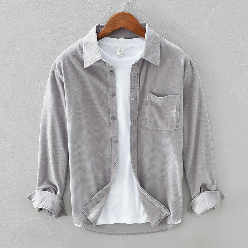 Corduroy-Style Ribbed Button-Front Shirt Long Sleeve Pointed Collar – Ridge