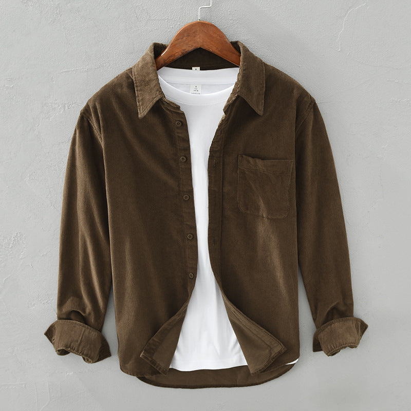 Corduroy-Style Ribbed Button-Front Shirt Long Sleeve Pointed Collar – Ridge