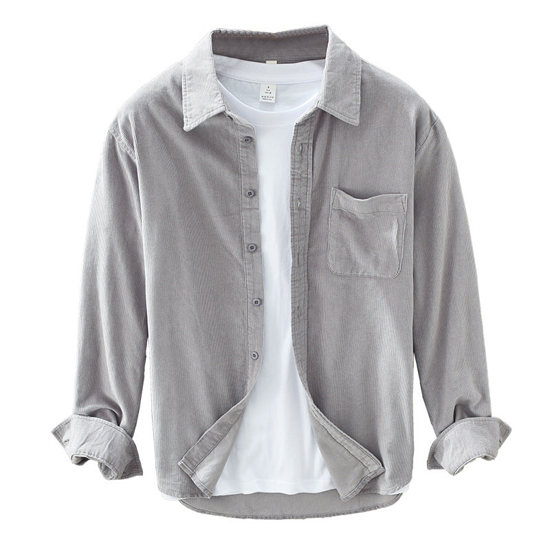 Corduroy-Style Ribbed Button-Front Shirt Long Sleeve Pointed Collar – Ridge