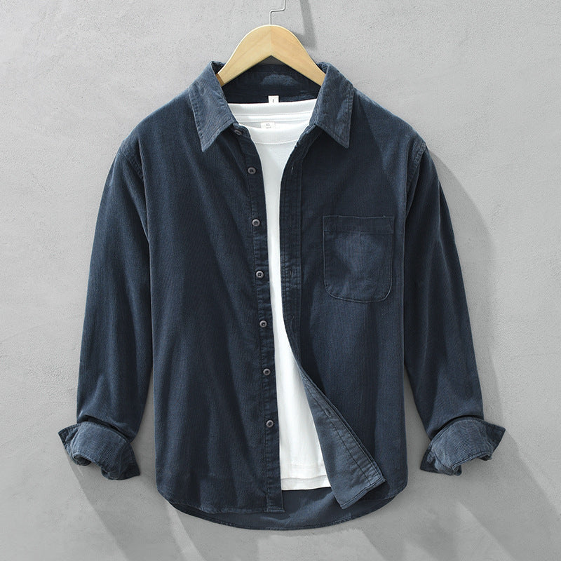 Corduroy-Style Ribbed Button-Front Shirt Long Sleeve Pointed Collar – Ridge