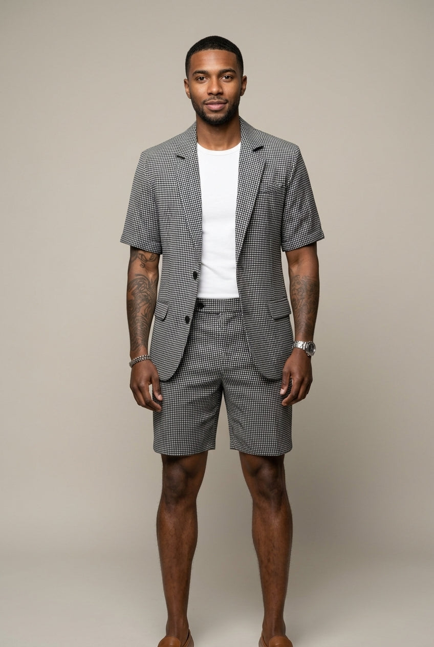 Check pattern two-piece set with short sleeve blazer and matching shorts – TARLANO